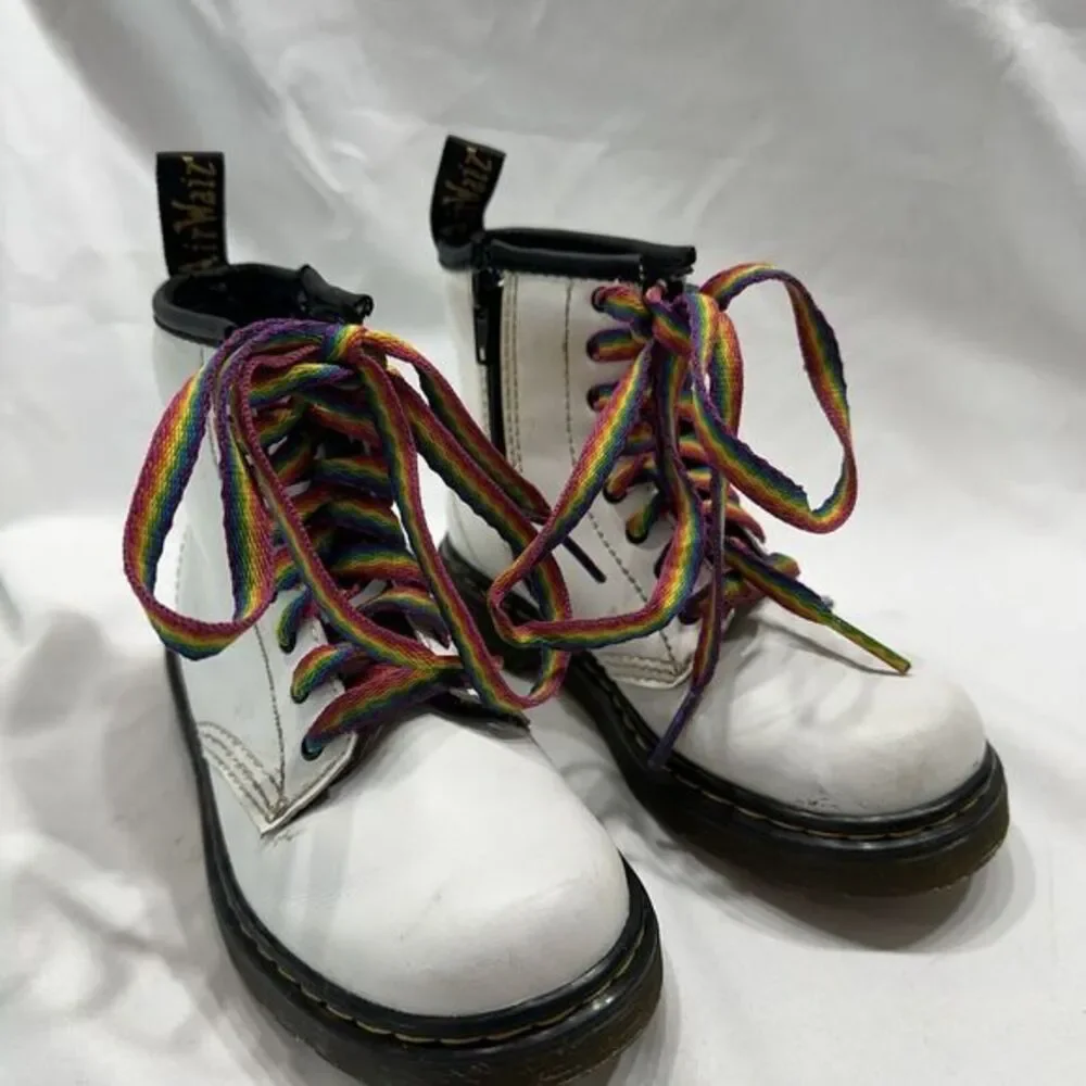 Dr Martens Toddler size 10 White Leather Lace Up Boots Rainbow‎ Laces 1460T